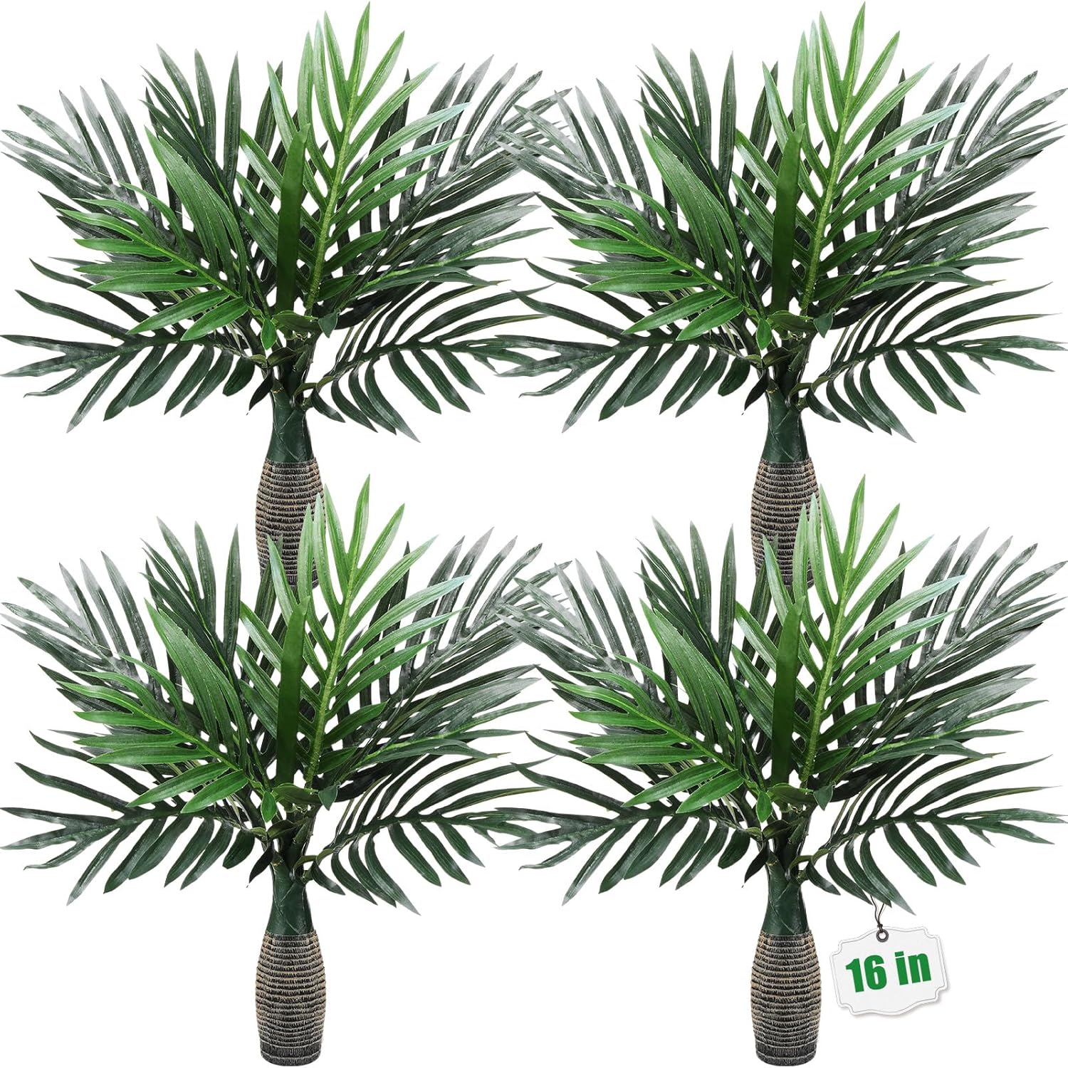 Jexine 4 Pcs 16'' Mini Artificial Palm Tree, Faux Fake Tropical Plant Decoration Imitation Palm Leaf for Indoor Outdoor Home Office Decorations Jungle Party Supplies Housewarming Gift