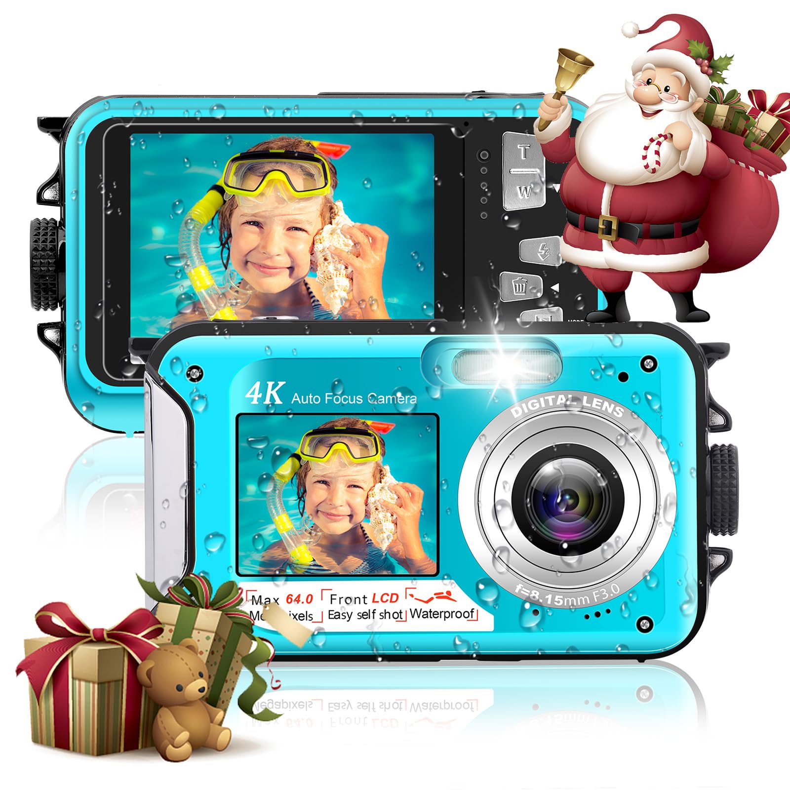 Appareil Photo Etanche Appareil Photo numérique 4K 64MP Autofocus Caméra sous-Marine Carte mémoire 32G Selfie Double écrans 16FT 16X Zoom Appareil Photo Numérique Etanche