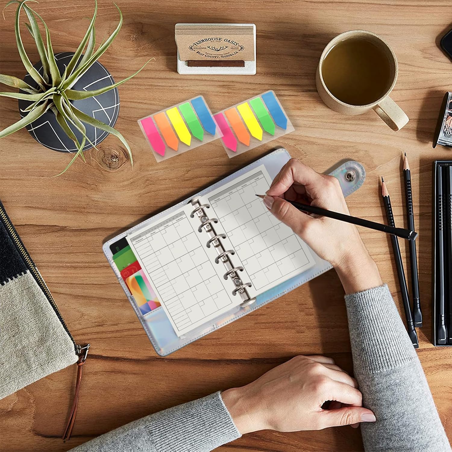 Harphia A7 6 Holes Binder Refill Value Set, 90sheets monthly plan loose leaf paper with stickers and dividers, planner insert with binder pockets for A7 binder 6 holes refillable notebook,005dA7month thumbnail