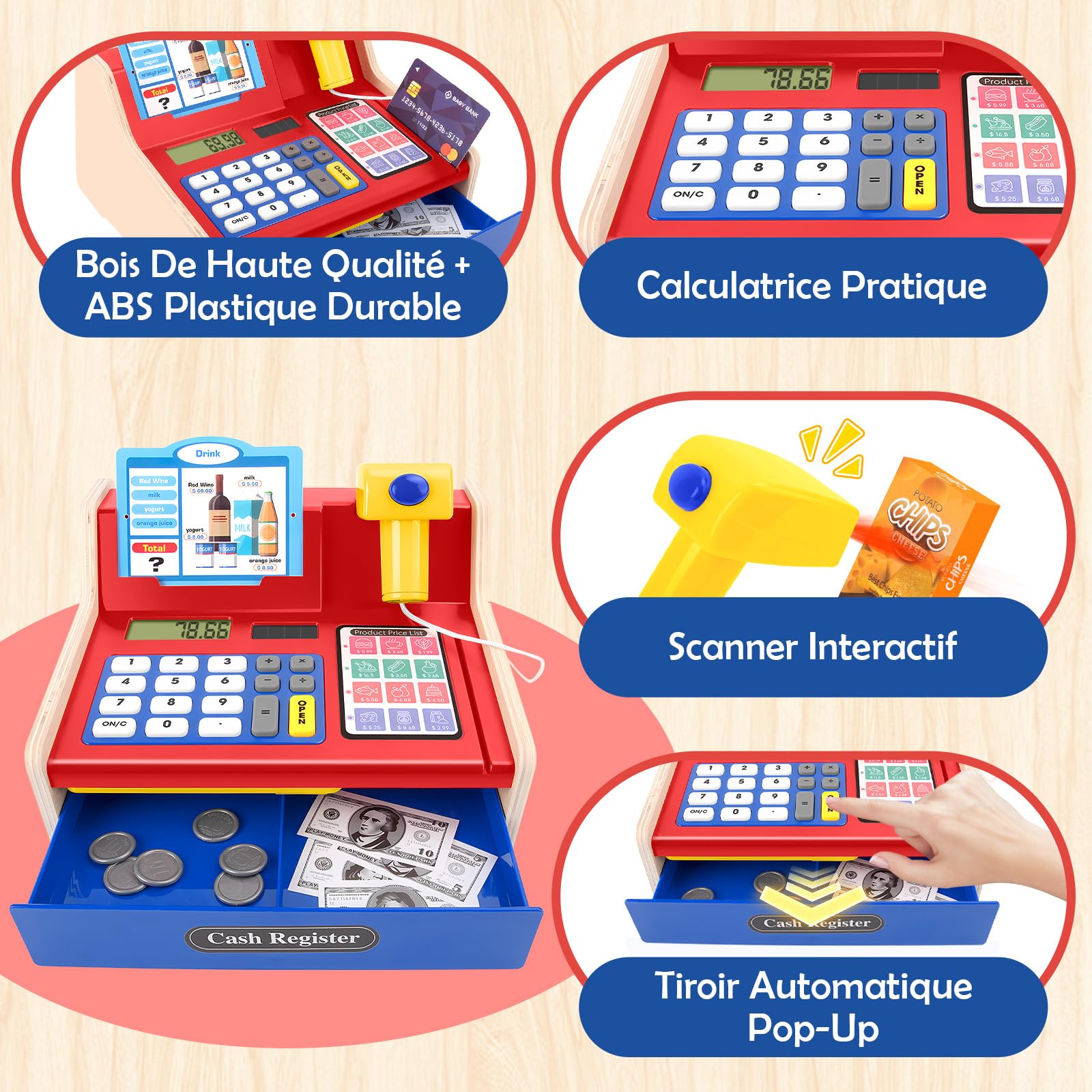 JONRRYIN Caisse Enregistreuse en Bois pour Enfants, 40 Accessoires Caisse Enregistreuse Jouet avec Vraie Calculatrice, Scanner Son & LumièRe, Jeu de Rôle Marchande de 3 Ans (Rouge)