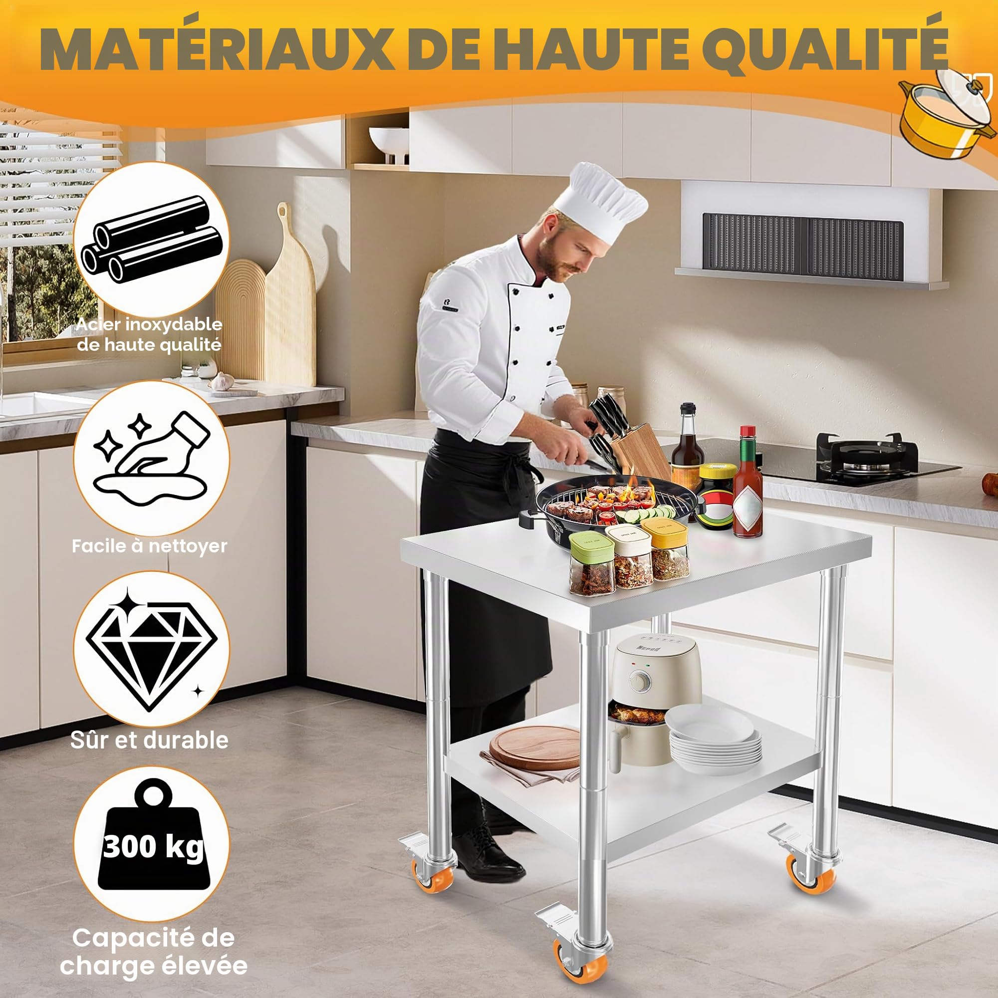UISEBRT Table de travail en acier inoxydable, 4 roulettes pivotantes avec freins, Table de préparation/table de cuisine avec hauteur réglable, pieds, Table de découpe capacité de charge 300 kg pour