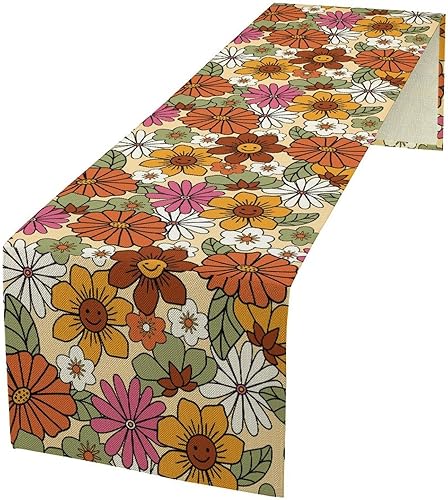 Miniatura 35 de Camino de mesa floral retro de los años 70, camino de mesa de flores de margarita naranja hippie para fiesta de cumpleaños, cocina retro comedor