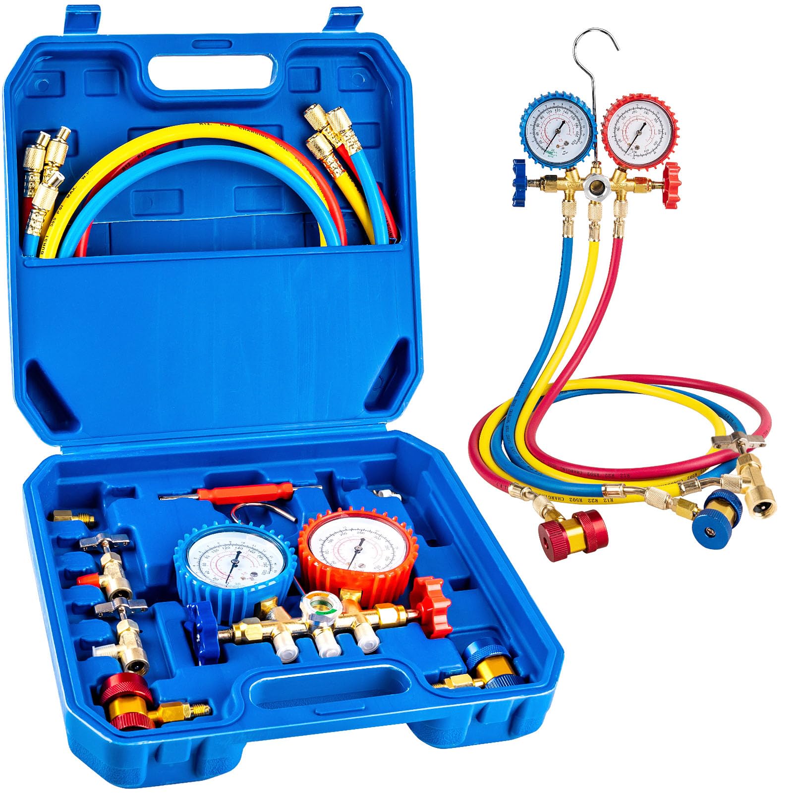 Luney 3 Way AC Gauges Set, AC Manifold Gauge Set for R134a R12 R22 R502 Refrigerant with 4FT Flameproof Hoses & Adapter, Puncturing & Self Sealing Can Tap Freon Charge Kit(℃)