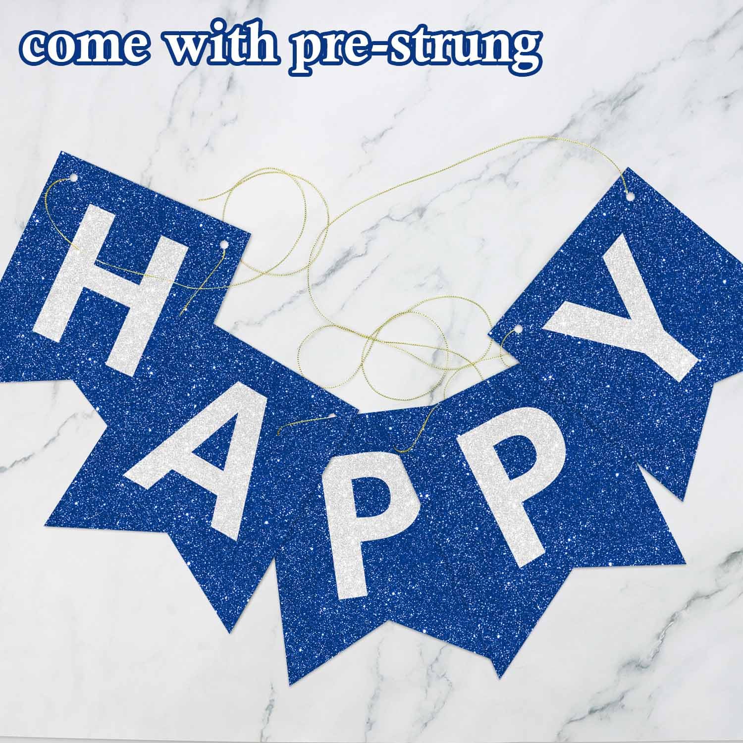 Bannière Anniversaire Bleu Royal Et Argent - 13 Fanions "Happy Birthday", Ruban 5 M, Réutilisable