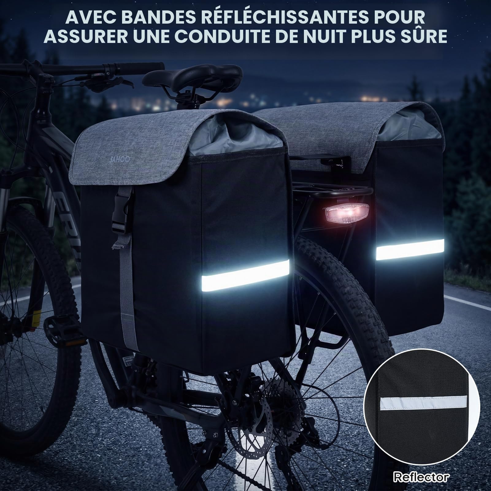 40L Sacoche Vélo Double, Sacoche Velo Porte-Bagage Arrière Étanche Grande Capacité avec Poignée de Transport Bandes Réfléchissantes Sacoche Porte Bagage Velo pour Vélo/VTT(36x17x34cm, Noir)