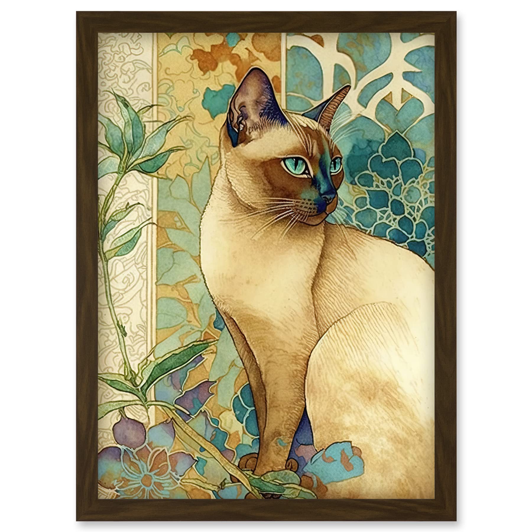 Artery8 Tonkinese Cat with Art Nouveau Botanical Patterns Colourful Watercolour Illustration Artwork Framed Wall Art Print A4