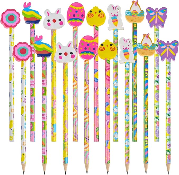 VAIPI 40 Pieces Kids Easter Pencils with Cartoon Toppers