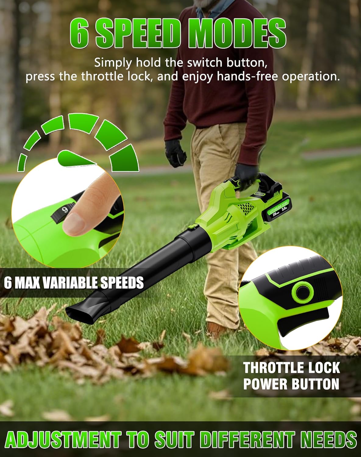 Leaf Blower Cordless with Battery and Charger, 500CFM, 6 Speed Modes, Electric Leaf Blower Compatible with Dewalt 20V Battery & Tools, Blowers for Lawn Care, Blowing Leaves, Dust, Snow