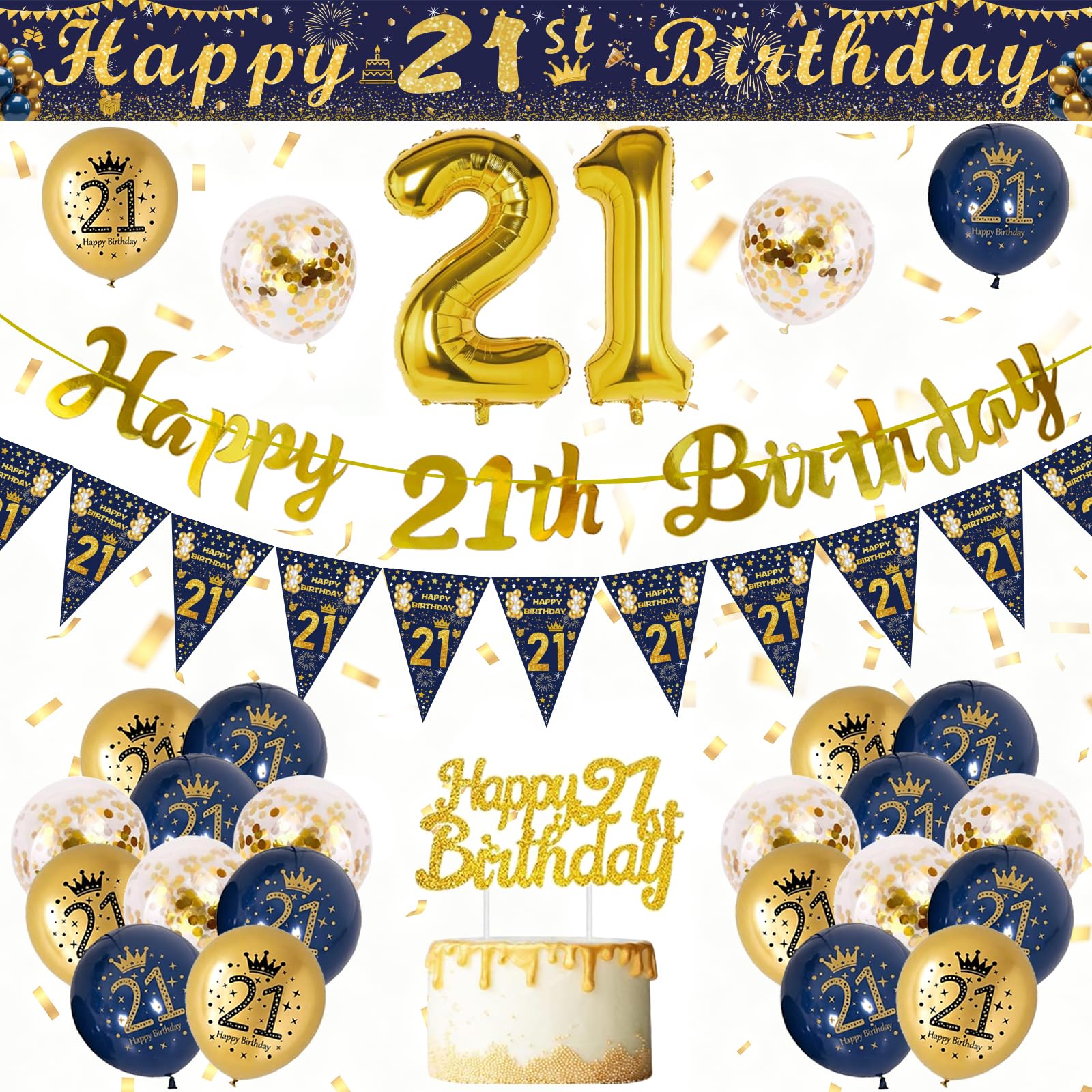 21st Birthday Decorations for Men, Blue Gold 21 Birthday Decorations,Happy 21st Birthday Banner,21st Balloons,270 * 15cm Cuttable Banner,Foil Balloons,Cake Topper 21 Birthday Party Supplies for Men