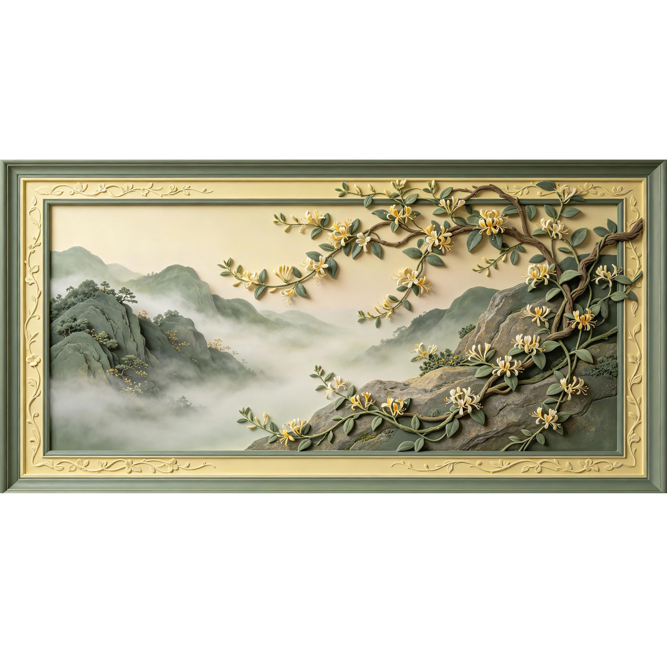 Agglomerix 3D Framed Wall Art Honeysuckle Floral Mountain Mist Landscape Relief Effect Large Size SelfAdhesive Removable Wall Decor Prints Artwork for Living Room Bedroom Office