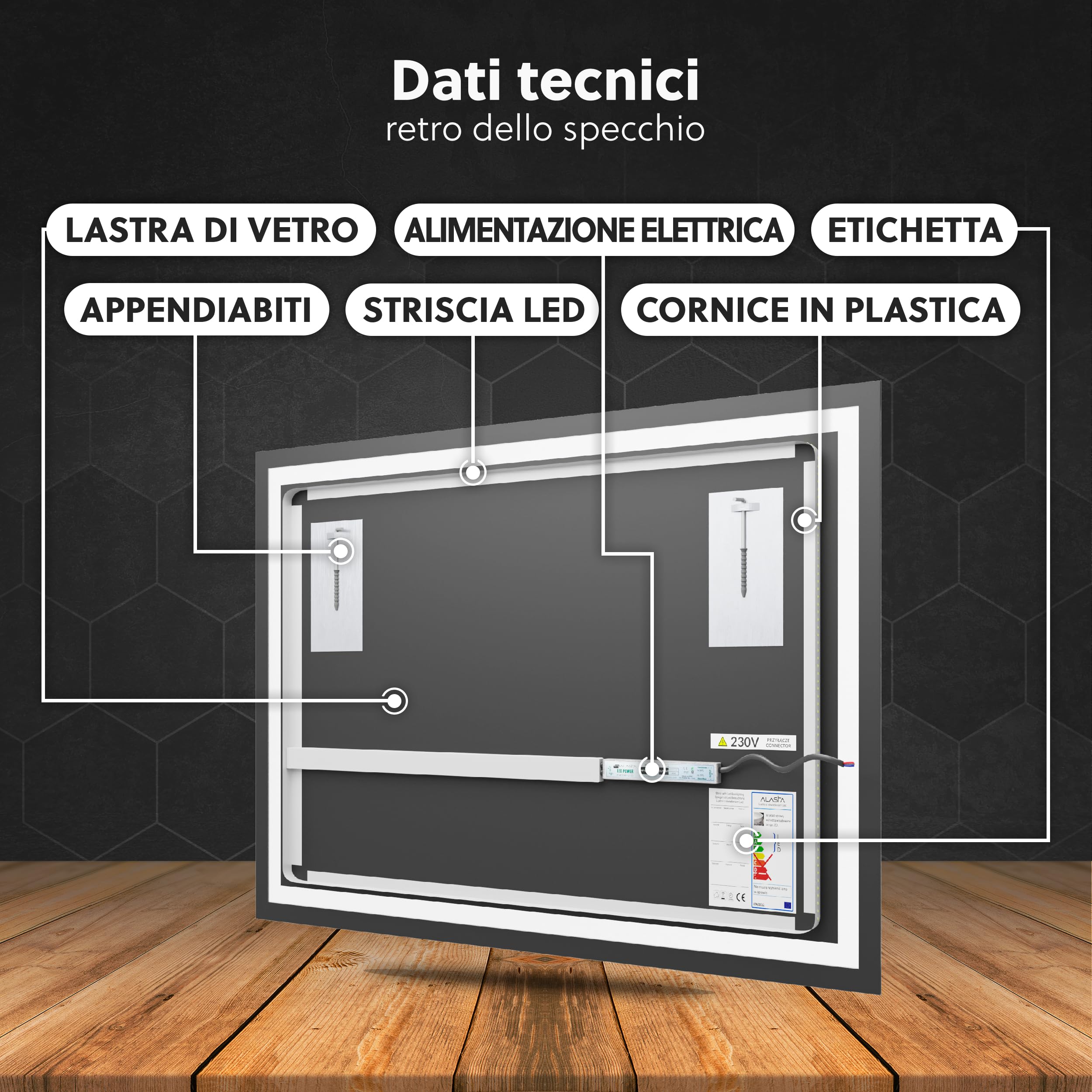 Atlanta Specchio Bagno LED 110x90cm Antiappannamento, Retroilluminato, Personalizzabile, Rettangolare, Selezione Colore Luce