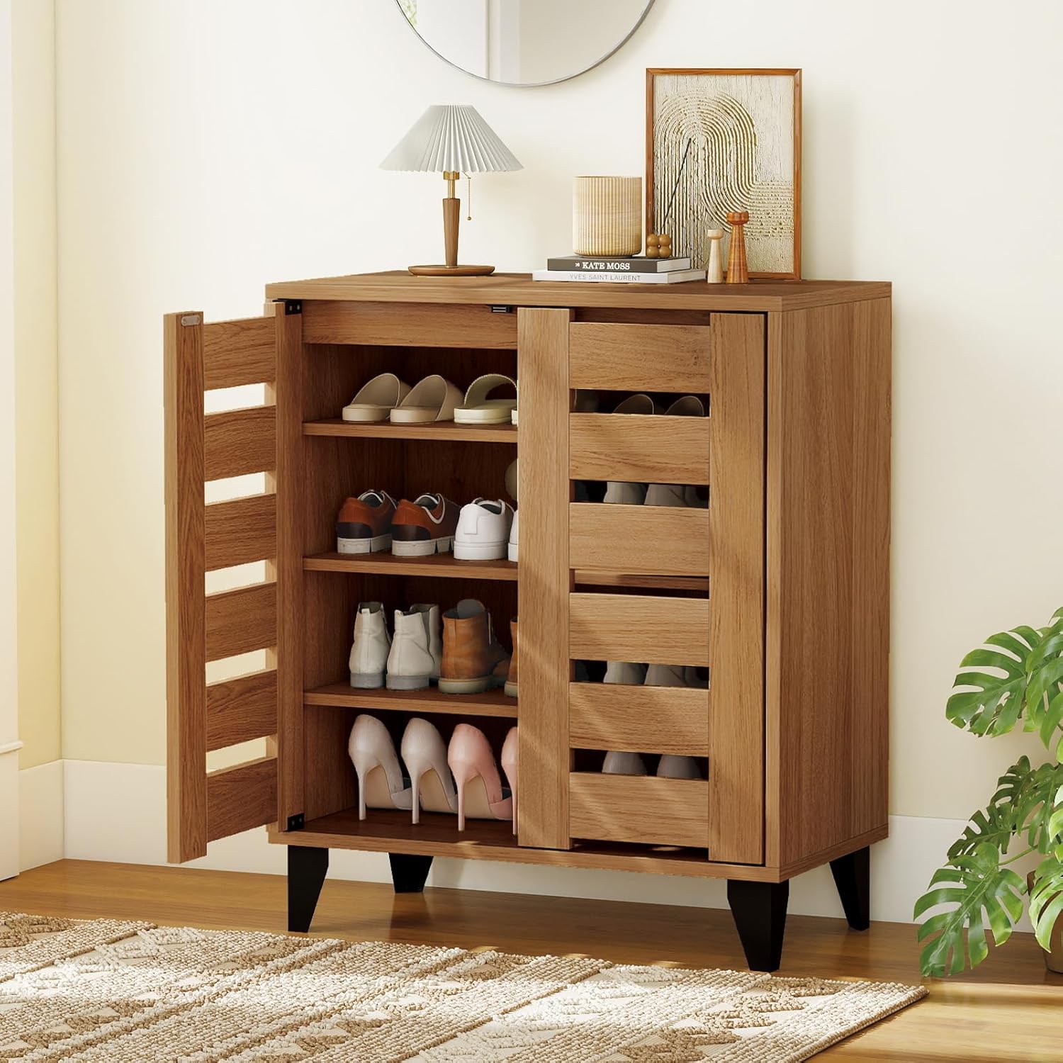 Giantex Shoe Cabinet with Louvered Doors, 4-Tier Farmhouse Shoe Rack Cabinet with Adjustable Shelves & Vent Holes, Wooden Shoe Storage Cabinet for Entryway, Hallway, Closet, Bedroom