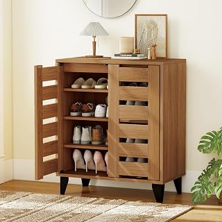 GIANTEX Shoe Cabinet with Louvered Doors, Farmhouse Shoe Rack Cabinet