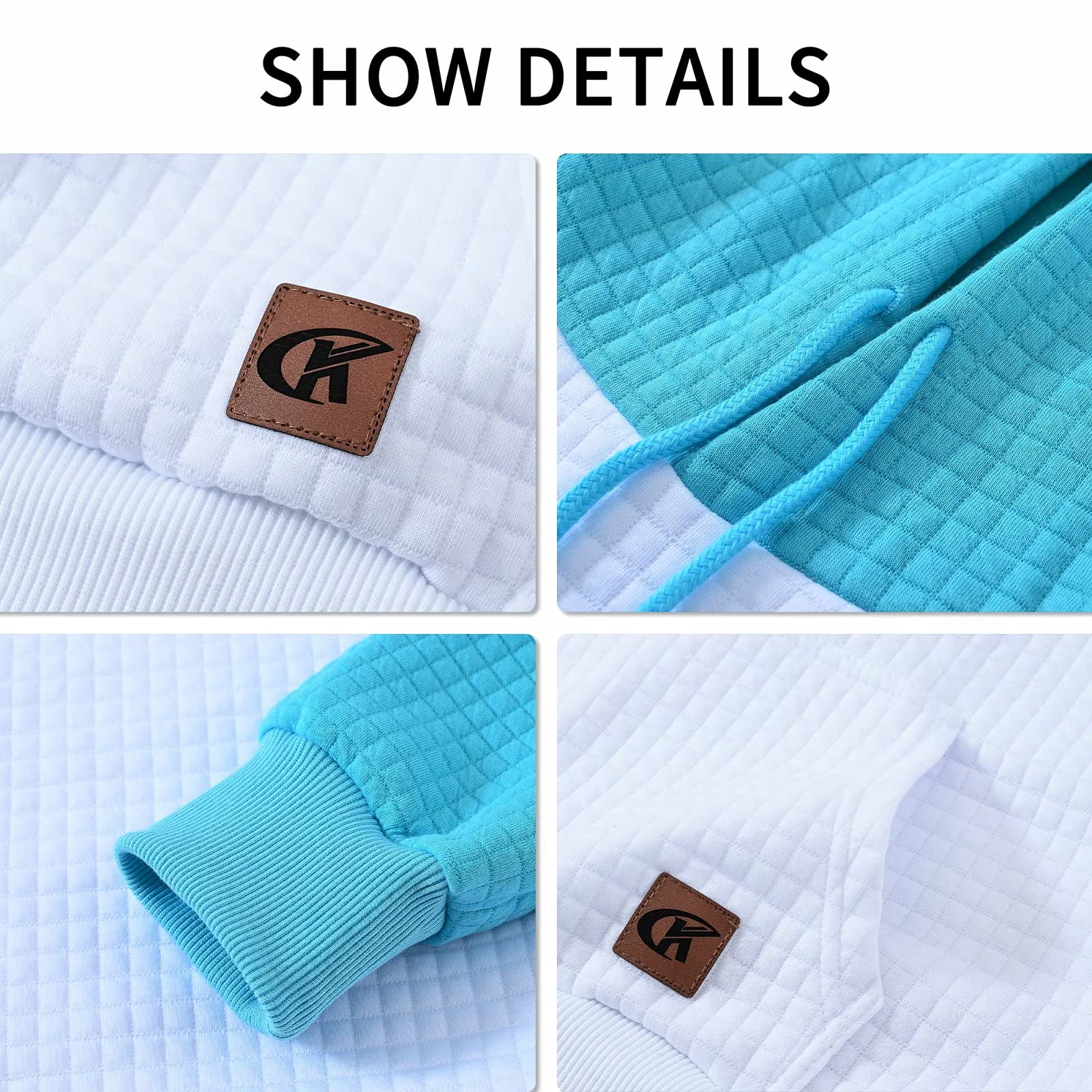 Pullover con cappuccio da uomo Plaid Jacquard manica lunga coulisse Hipster Casual Felpe con cappuccio con tasche Kanga, bianco/azzurro., Small
