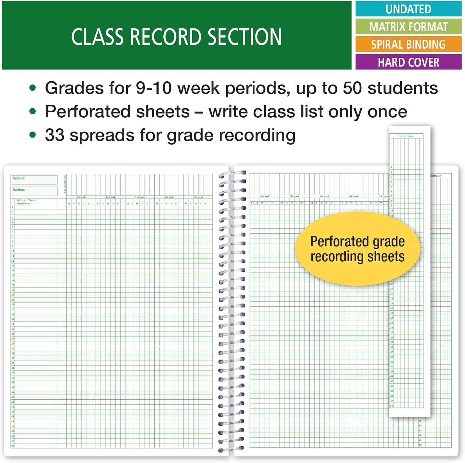 Elan Publishing Company HARDCOVER Combination Plan and Record Book: One efficient 8.5" x 11" Book for Lesson Plans and Grades Combines W101 and R1010 with Bonus Clip-in Bookmark (Blue Green Flowers)