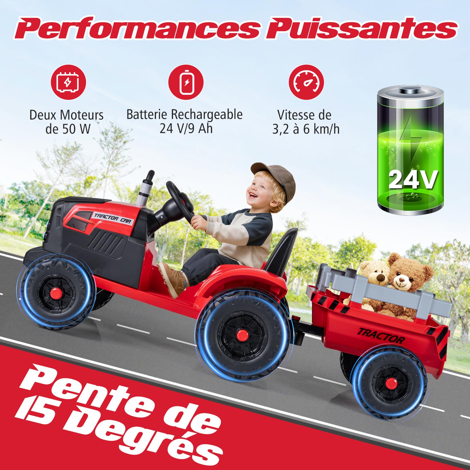 COSTWAY 24V Tracteur Électrique Enfant avec Remorque Amovible & Télécommande, Voiture Électrique Enfants avec Musique & Klaxon & Phares LED, Démarrage en Douceur, 3,2-6 km/h pour 3-8 Ans (Rouge)