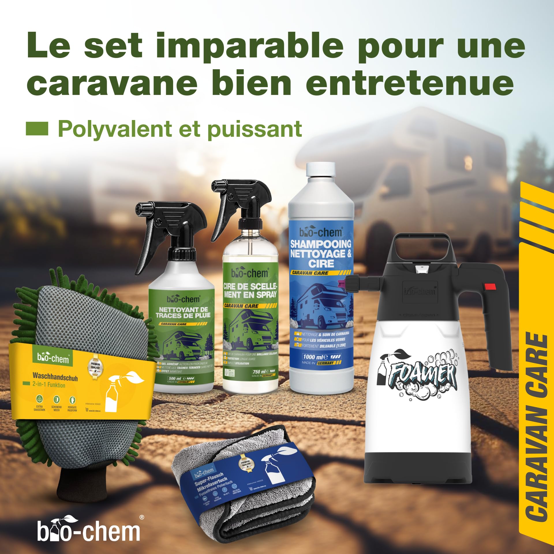 Bio-Chem - Profi Set nettoyage et cirage caravanes - Shampooing lavage et soin, cire de scellement carrosserie, décapant traces de pluie - Accessoires inclus