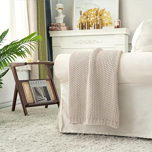 Miniatura 2 de Longhui bedding Manta de punto trenzado grueso, ligera, color beige, 100% algodón orgánico, para sofá, cama, guardería, rústico, desgastado y