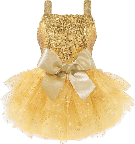 Fitwarm Vestido tutú para perro con lentejuelas brillantes, traje de Navidad de lujo para perros pequeños y niñas, ropa para mascotas, dorado, XXS