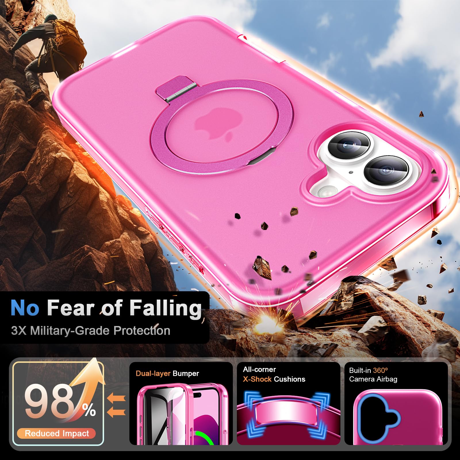 Custodia per iPhone 17 con pellicola protettiva integrata con supporto magnetico invisibile [compatibile con MagSafe] copertura integrale militare antiurto traslucida per telefono, rosa