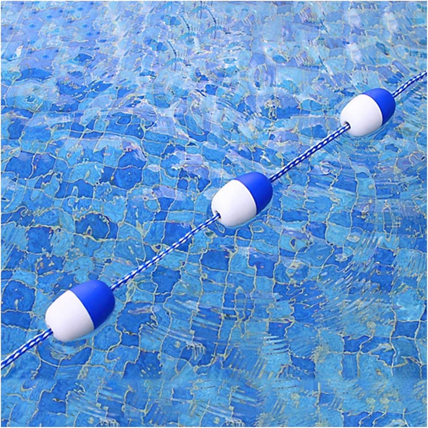 Swimming Pool Swim Lane Divider - Strong Buoyancy Safety Rope Float Line for Deep & Shallow Ends, Blue & White - Ideal for Pools, Swimming Competitions, and Safety Zones