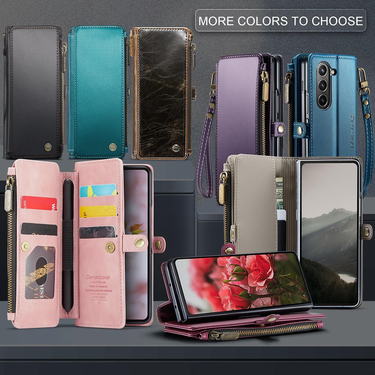 Defencase Wallet Case Compatible with Samsung Galaxy Z Fold 6 with RFID Blocking Card Holder & S Pen Holder Slot PU Leather Magnetic Snap Flip Zipper Strap Phone Case Fit for Galaxy Z Fold 6, Black