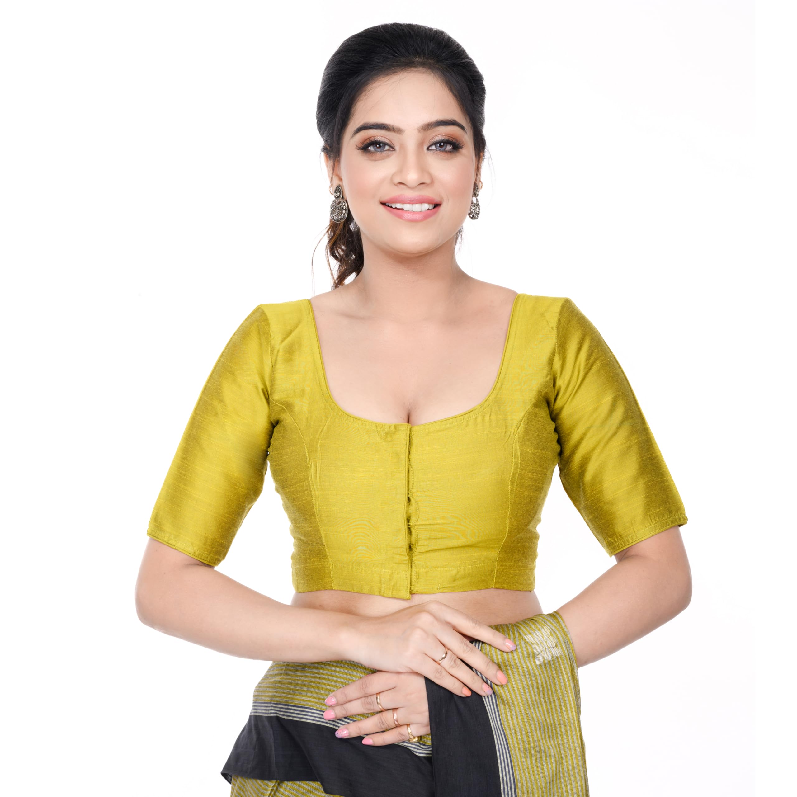 Overseas Women's Readymade Light Green Slub Cotton Silk Saree Blouse.-image-43