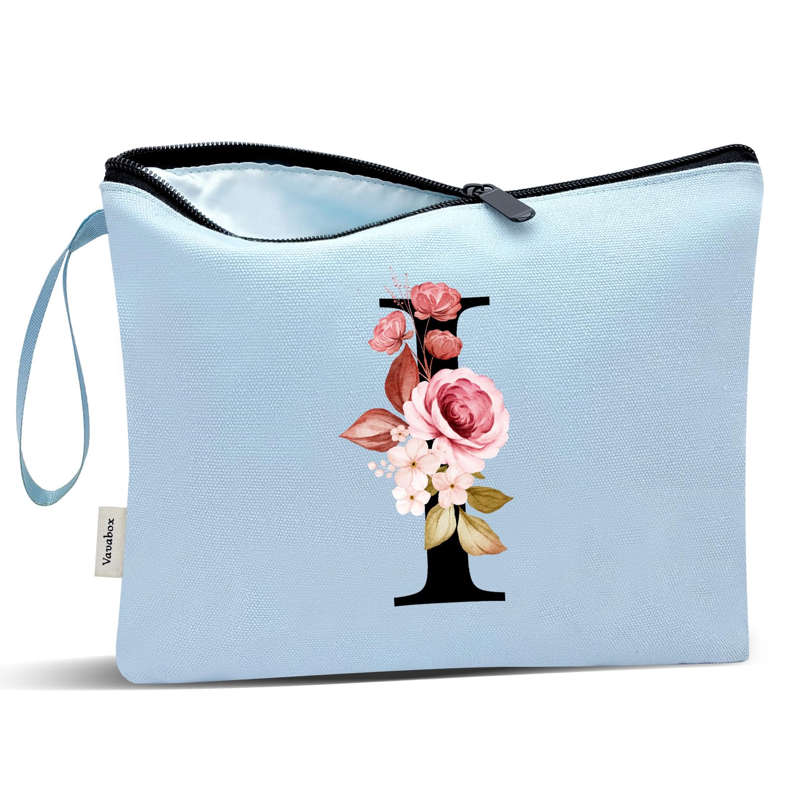 Vavabox A-Z Personalized Makeup Bag, Birthday Gifts for Women Mom, Gifts for Best Friend, Bride Bridesmaid Cosmetic bag (I, Blue)
