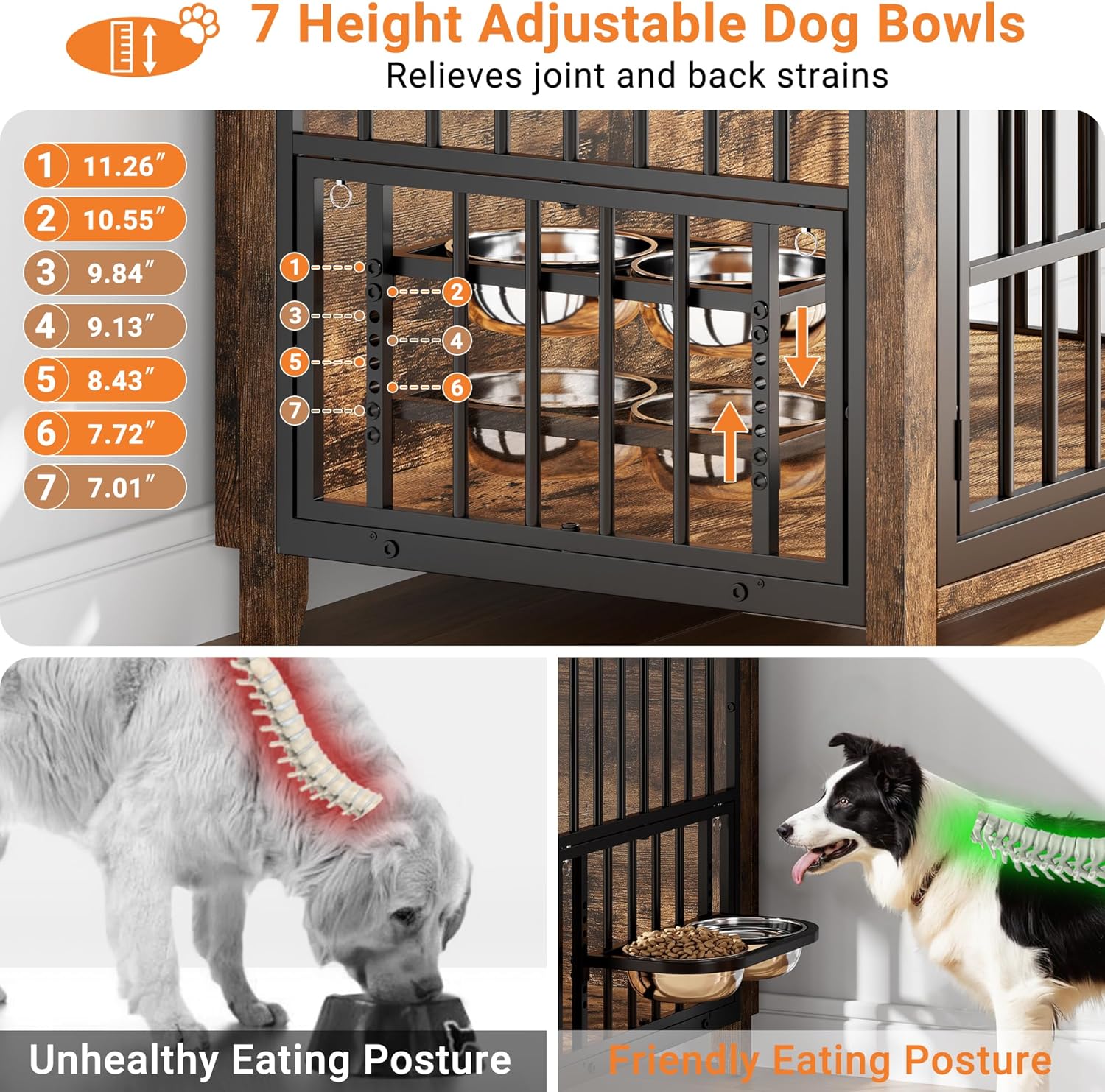 YaFiti 37.7" Dog Crate Furniture, Wooden Dog Kennel Indoor with 360° Rotating Feeder and 2 Adjustable Bowls, Decorative Side End Table Dog Cage for Medium Dogs, Rustic Brown
