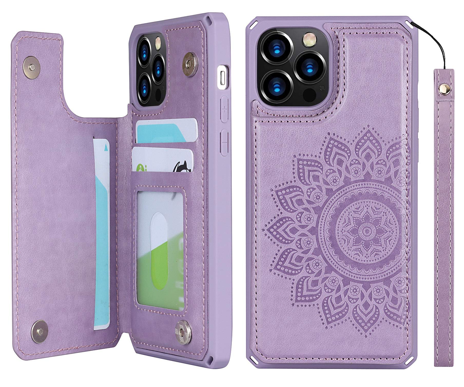 iCoverCase Compatible with iPhone 12/12 Pro Wallet Phone Case with Card Holder, RFID Blocking Embossed PU Leather Wrist Strap Case (Mandala Purple)