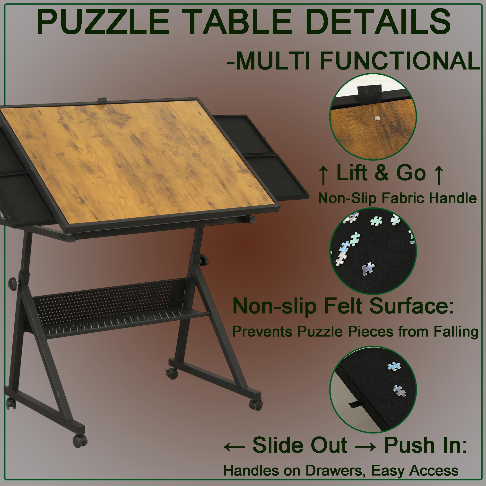 Plturdke Foldable Puzzle Table with Adjustable Legs, 1500-Piece Board & Storage, Non-Slip Surface for Compact Spaces & Adults
