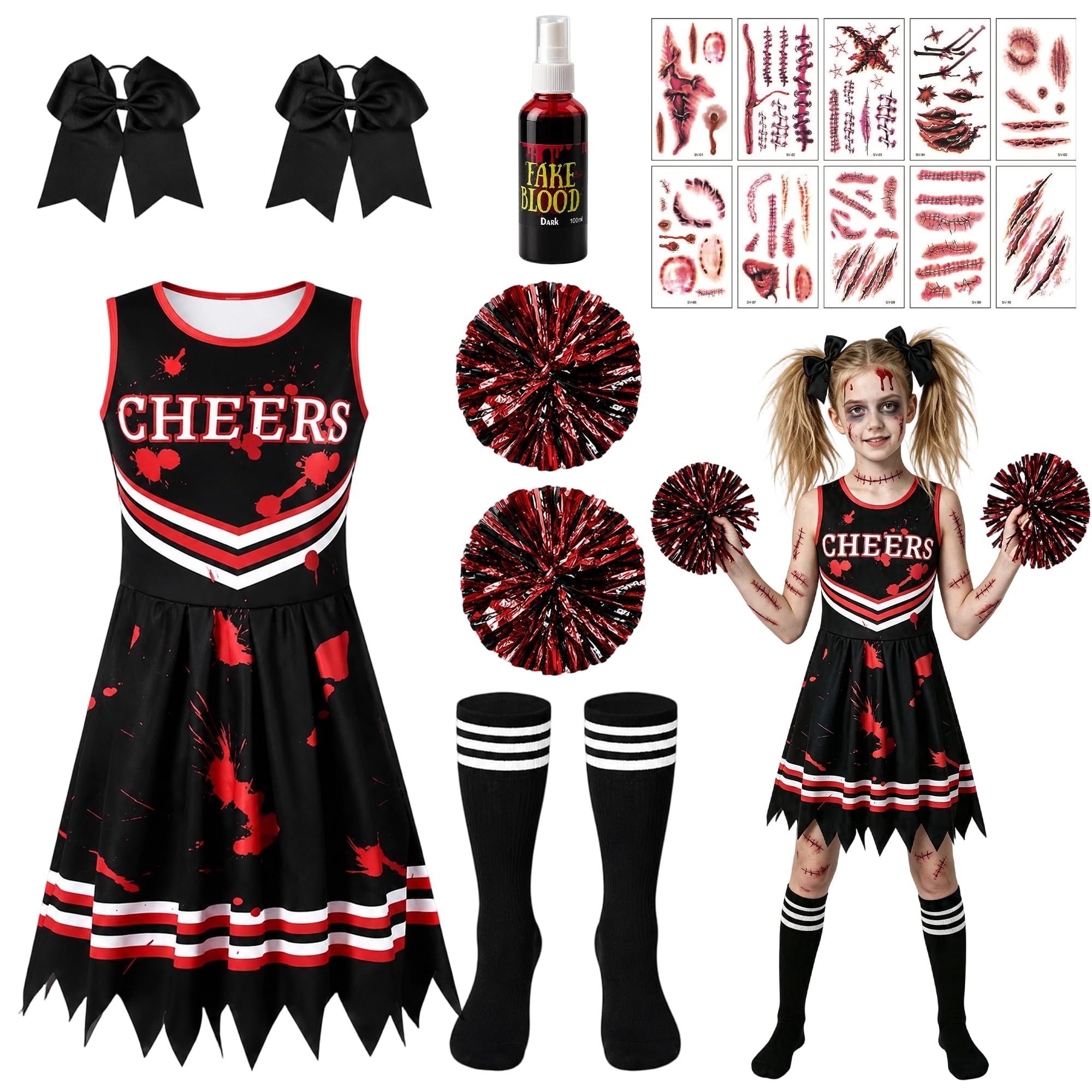 CozDazz Zombie Cheerleader Costume Kids, Dead Cheerleader Dress Up Set