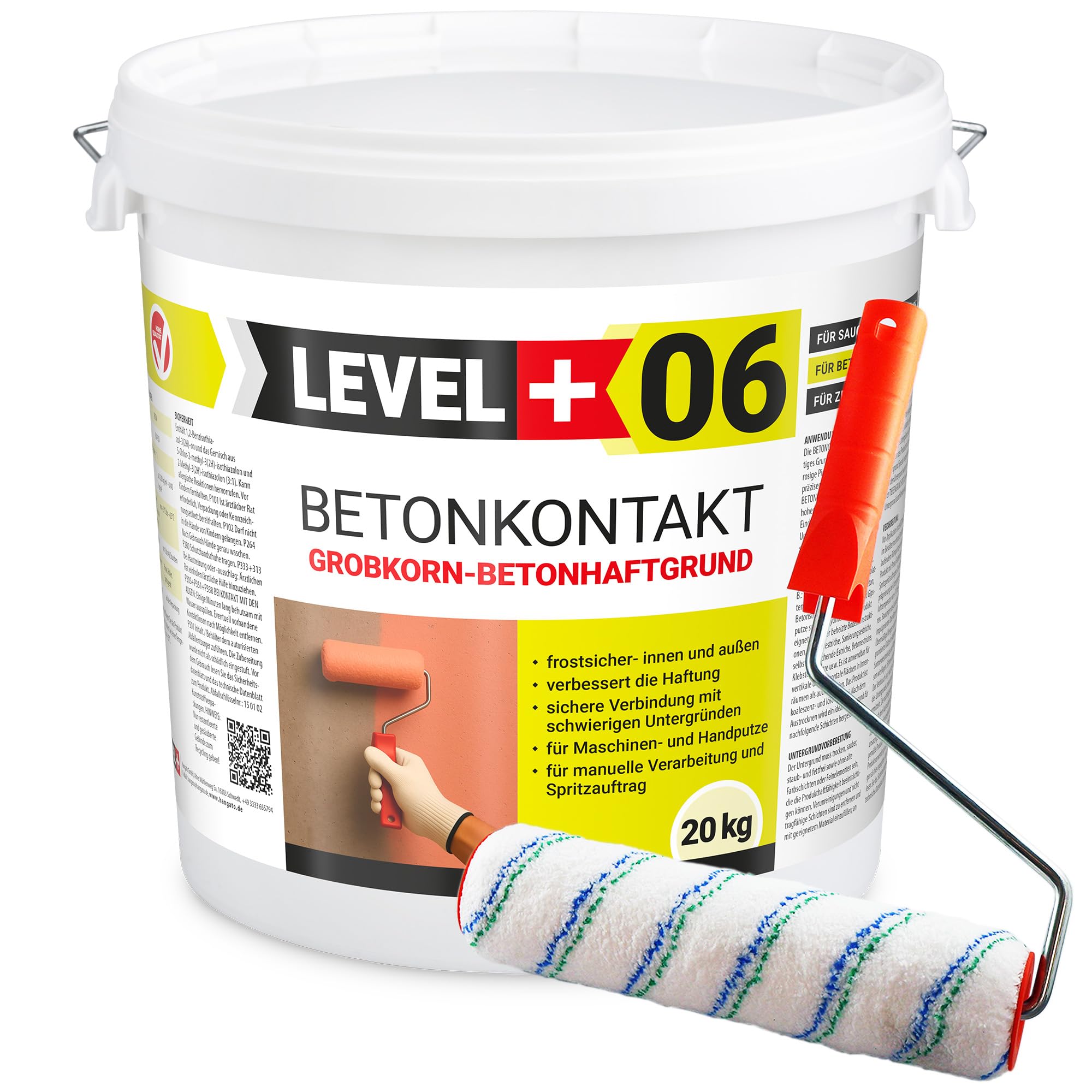 06 Betonkontakt Haftgrund mit Quarzsand für Beton & Keramik - Putzgrund und Haftbrücke für Innen & Außen - Grundierung für saugende und schwach saugende Untergründe - 20kg & Farbroller 25cm