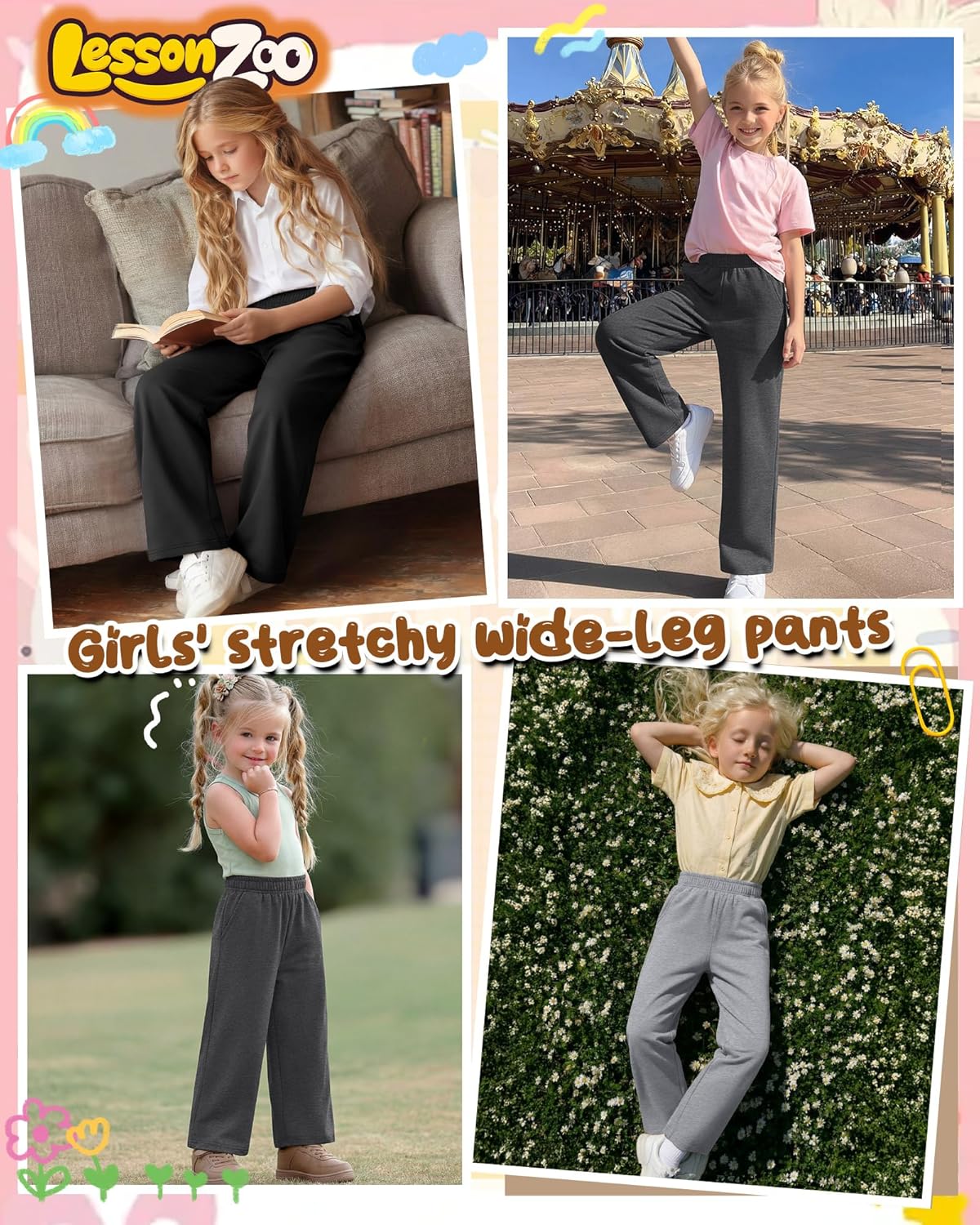 3 Pack Girls Wide Leg Sweatpants Kids Lightweight Joggers Open Bottom Baggy Pants Athletic with Pockets