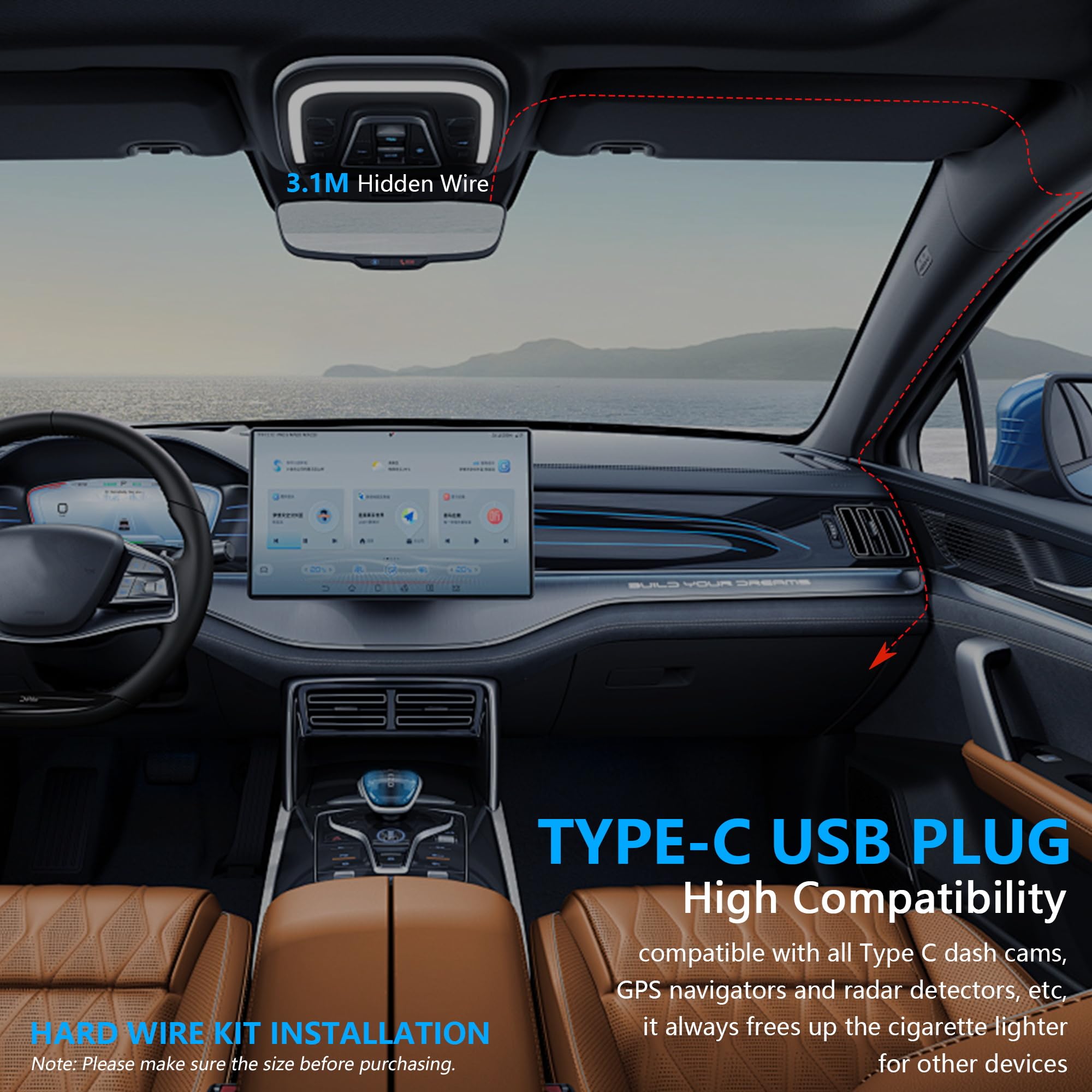 GINTOOYUN Zestaw przewodów OBD do USB-C z wyświetlaczem OBD 3-pinowy męski do 90 stopni USB-C męska wtyczka do kamery samochodowej redukcja napięcia zestaw przewodów kabel do ładowania (3,1 m)