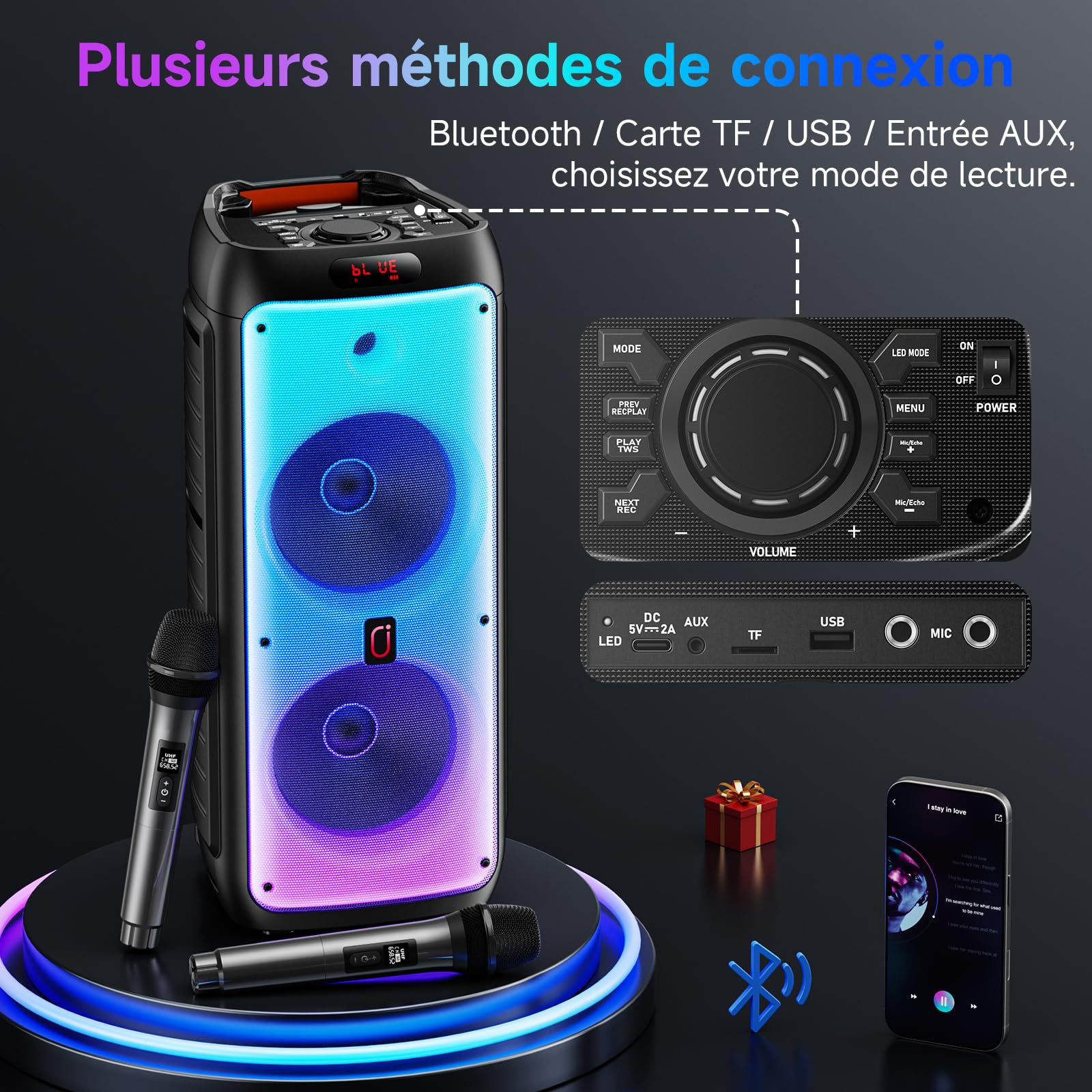 JYX Système Karaoke avec 2 Microphones sans Fil, Enceinte karaoké Professionnelle Portable Bluetooth avec Les lumières LED, idéale pour Les fêtes de Famille et Les Cadeaux, Support USB/TF/AUX/MIC/TWS