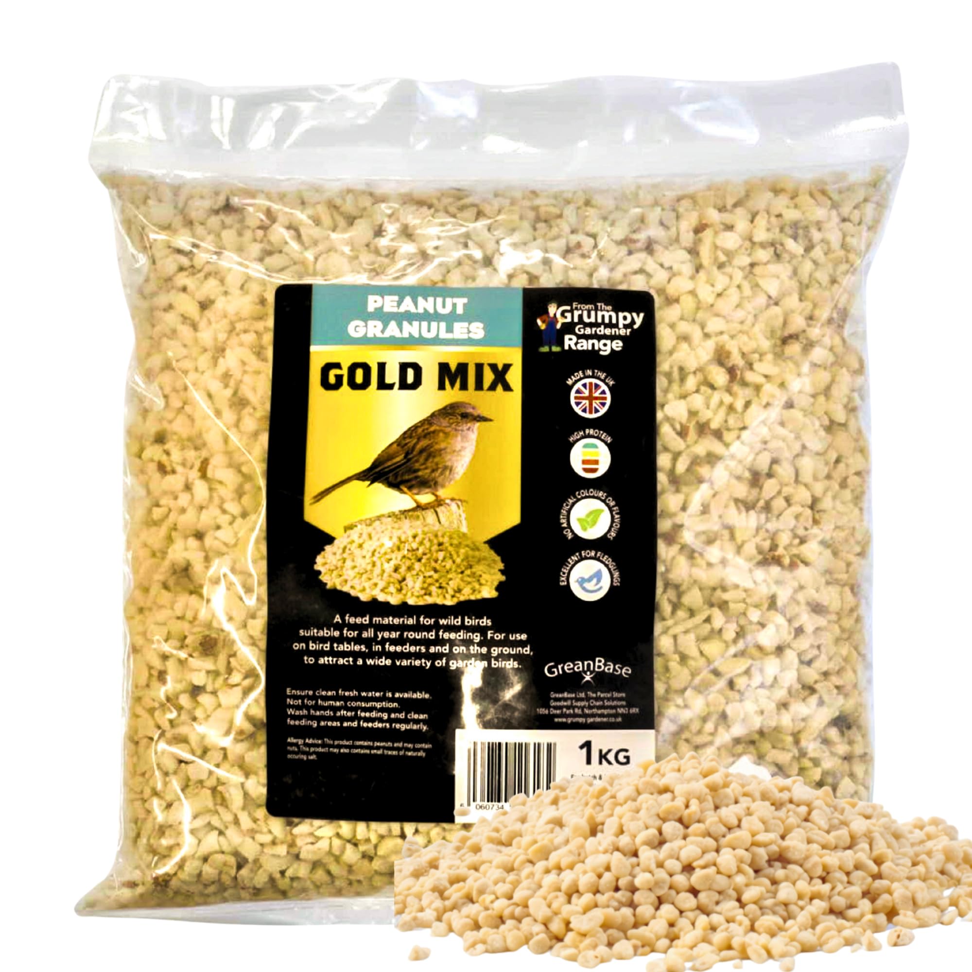 Grumpy Gardener Peanuts for Wild Birds – Gold Mix Premium Peanut Granules, High-Energy Garden Food for Feeders, Protein-Rich Wild Bird Seed Alternative, 1kg