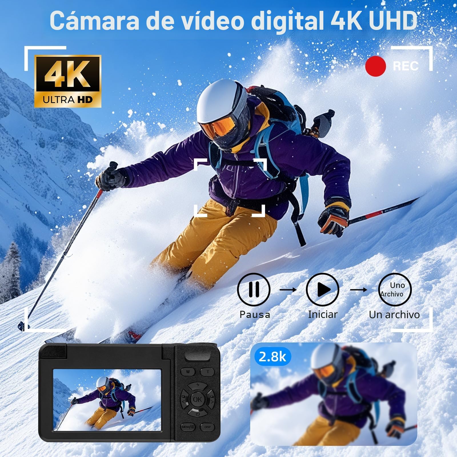 Cámara Digital 4K 64MP con Luz Beauty y Modo Belleza Cámara Digital Portátil con Pantalla Abatible 180° de 3" Zoom Digital 18X con Autofocus Cámara Compacta para Vlogging y Viajes Incluye Tarjeta 32GB