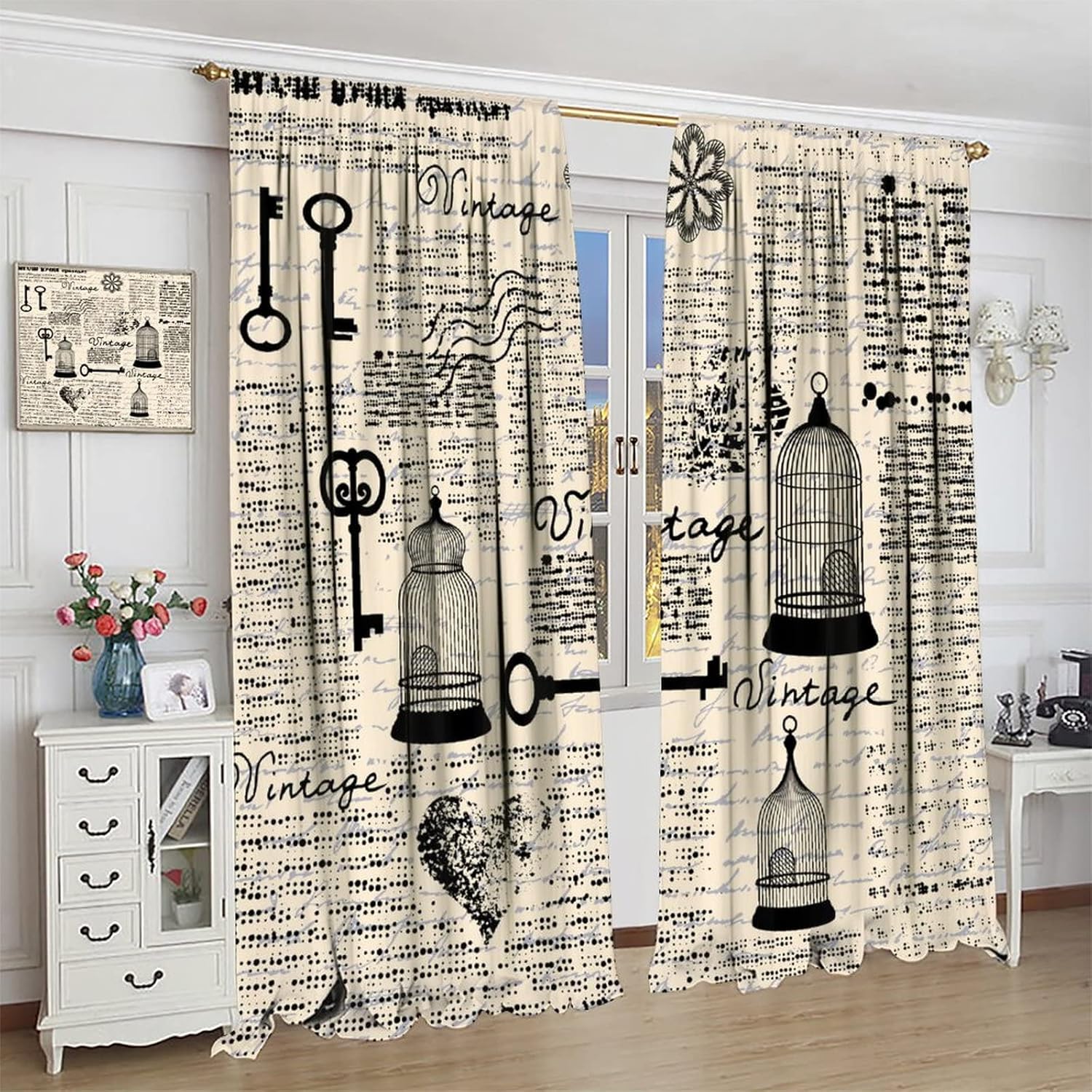 Old Newspaper Kitchen Window Curtains,Retro Bird Cages Nostalgia Theme Blackout Rod Pocket Window Drapes for Bedroom Bathroom Decor,2 Panel Set W42xL45in