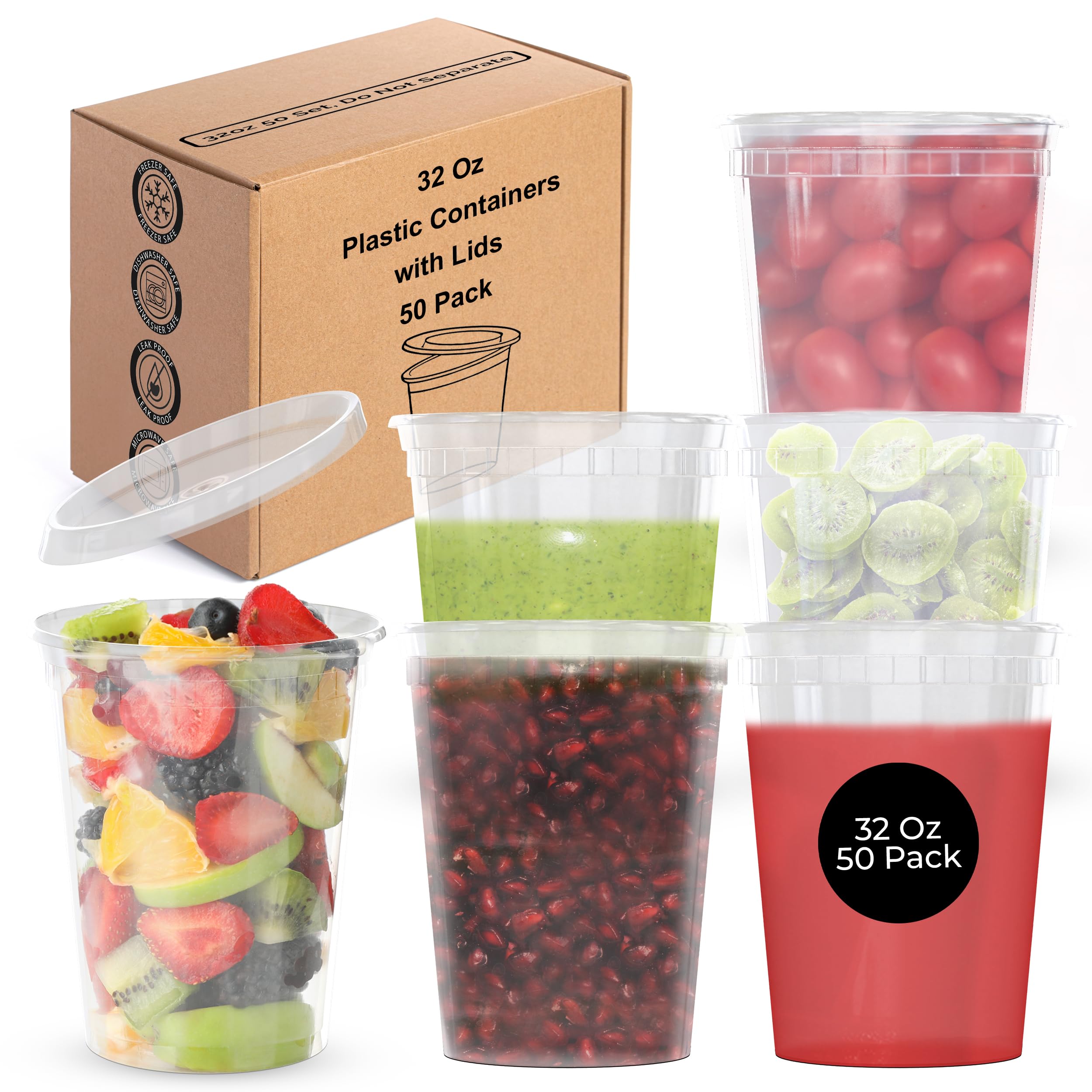 Trusted All Goods Deli Containers with Lids - 50-Pack Leakproof 32 oz Plastic Containers with Lids - Reusable and Stackable Plastic Deli Containers with Lids - 4x3x6 Inches Each