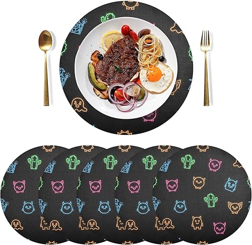 Miniatura 3 de Neon Cute Faces Black Round Table Placemats, Non Slip Washable Placemats Non Slip for Kitchen Table one sizex6