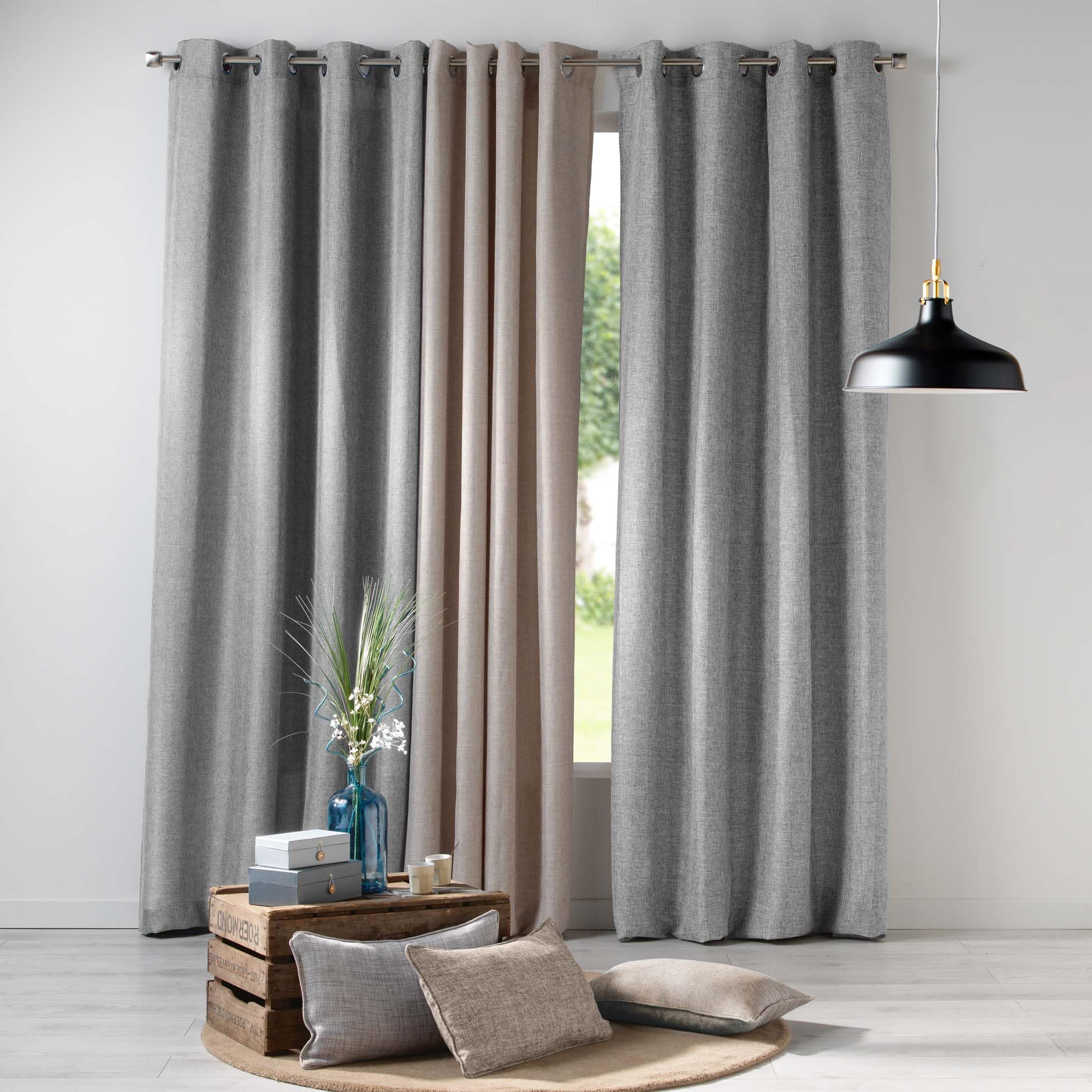 UNIVERS DÉCOR Paar Choco gordijnen met dubbele oogjes, linneneffect