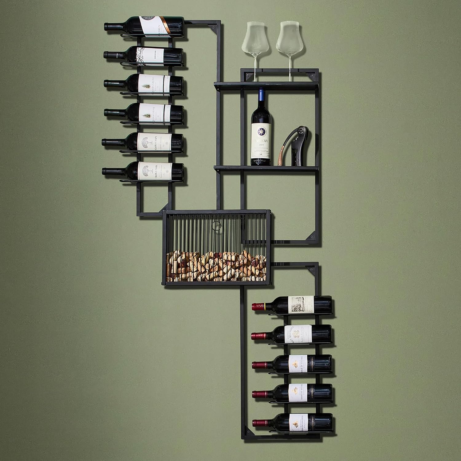 Wine Enthusiast 11-Bottle Gallery Wall Wine Rack with Cork Catcher - Black Powder-Coated Iron Label-Forward Display for 750 mL Bottles, Wall Mounted Bar & Dining Room Décor