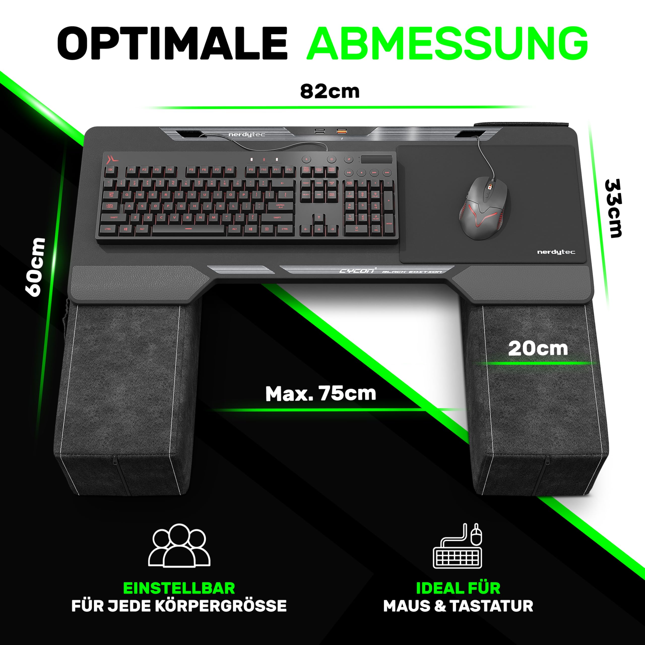 Couchmaster CYCON² Black Edition, ergonomischer Gaming Laptoptisch für Couch, Sofa und Bett, Laptop Tisch mit USB Hub für PC, PS4/5, Xbox One/Series X und Laptops