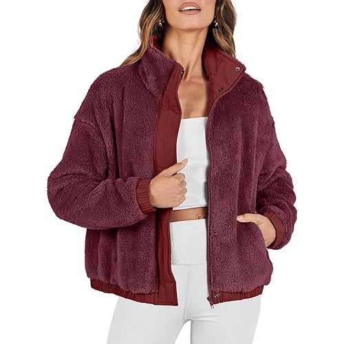 ANRABESS Womens Fleece Jacket Casual Long Sleeve Cropped Sherpa Button Down Fuzzy Warm Coats Fall Outwear With Pockets