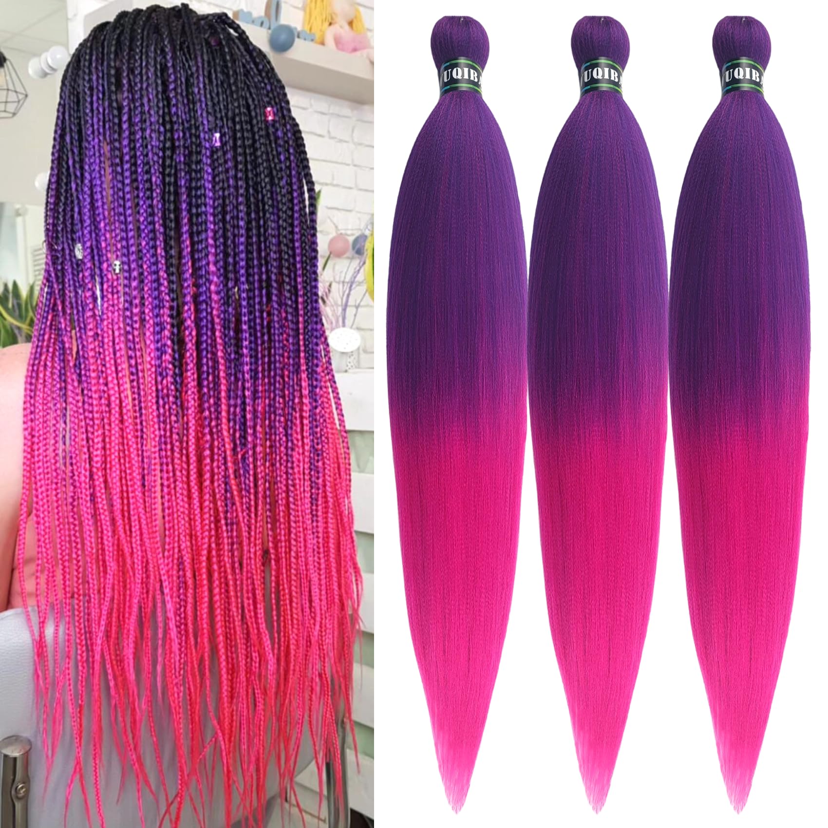 Purple Braiding Hair Pre stretched Ombre Hot Pink Box Braiding Hair Extensions Feed in Braids 26inch 3 Packs