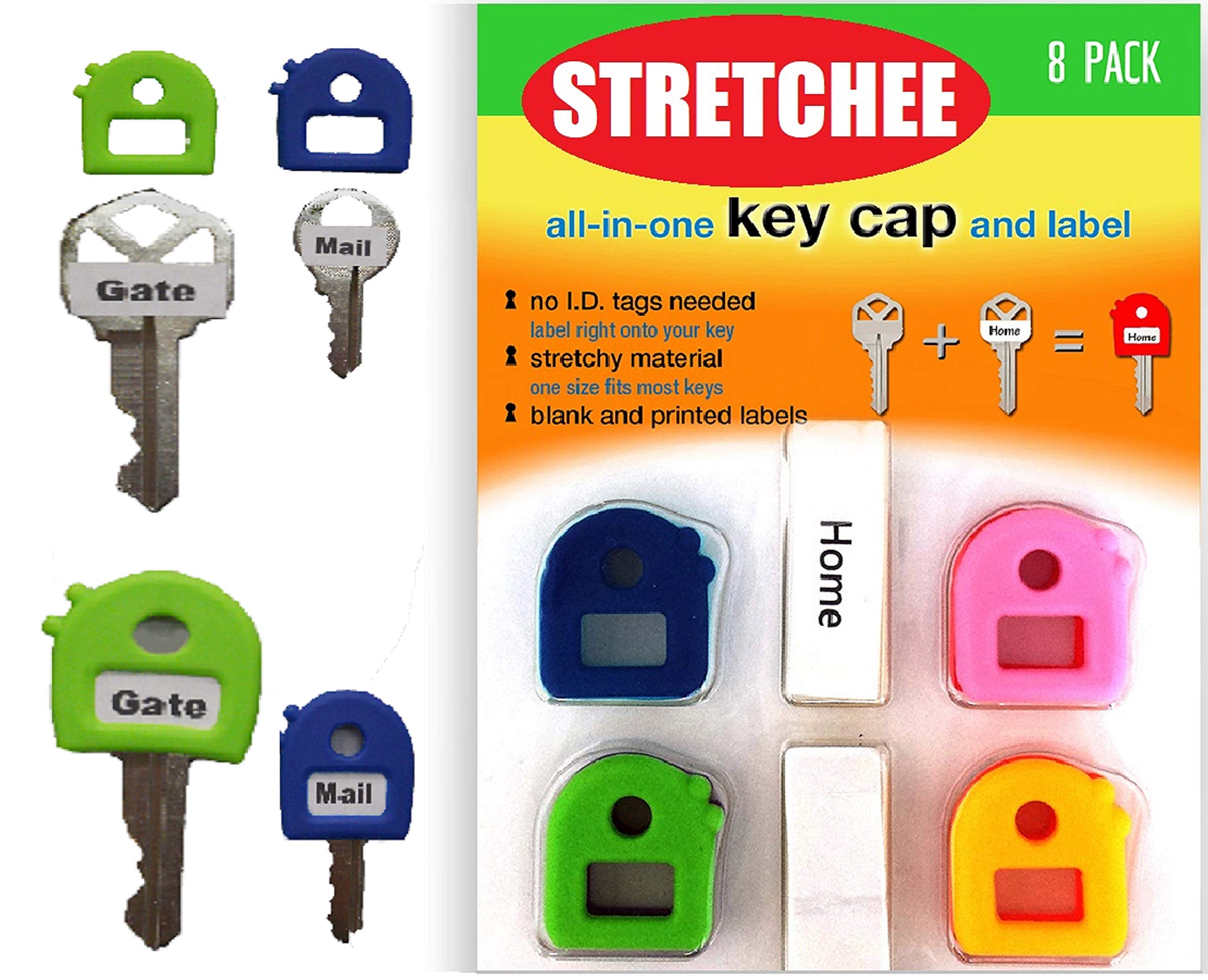 Key Caps Tags - Stretchy All-in-One Key Cover & Tags - ONE Size FITS Most Keys - 8 Pack Multicolor - Includes Blank Labels and Printed Labels - Key ...