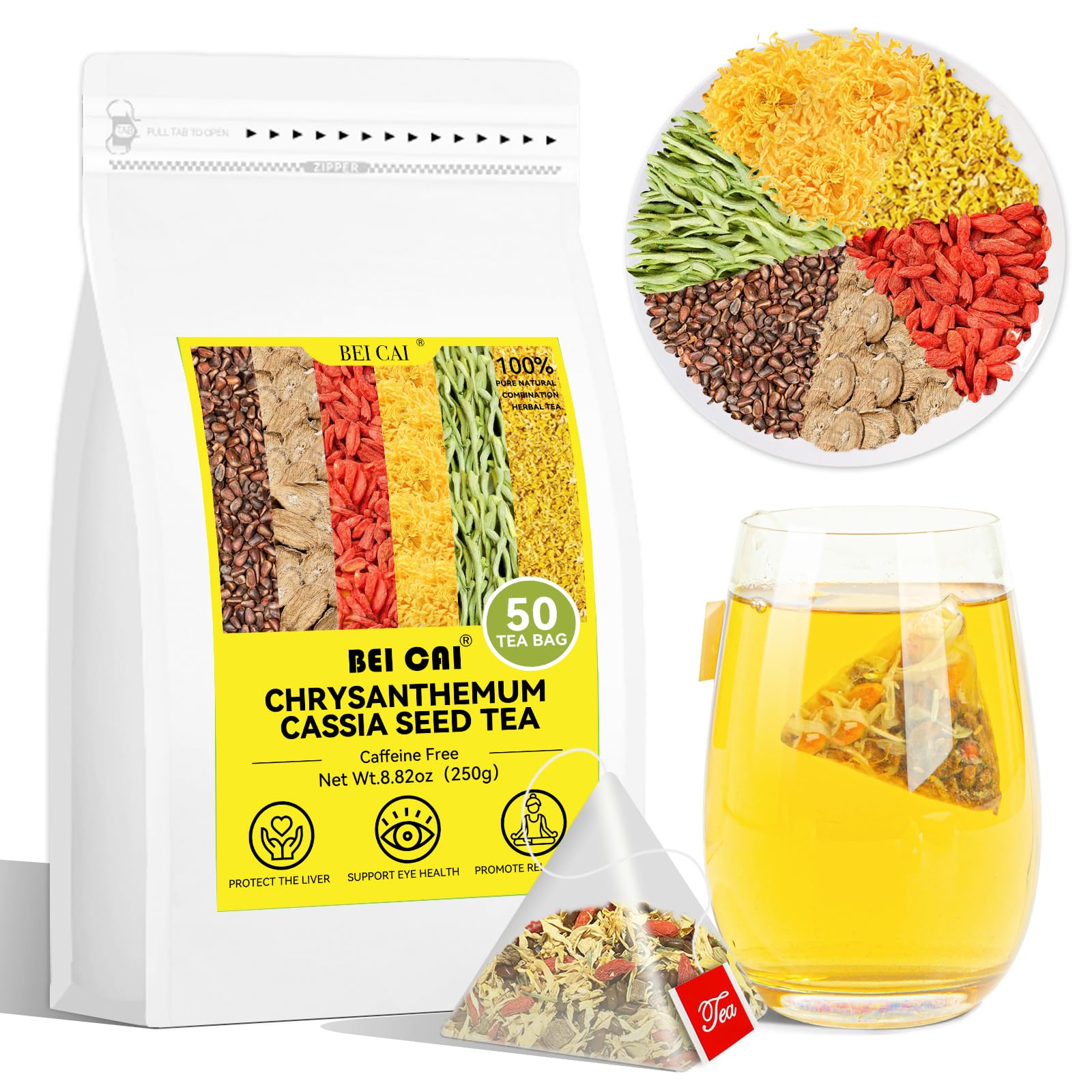 BEI CAI Chrysanthemum Cassia Seed Tea - 5g x 50 Count - Burdock Root, Goji Berry, Honeysuckle, Osmanthus-100% Natural Combination Herbal Tea Bags (Chrysanthemum Cassia Seed Tea)