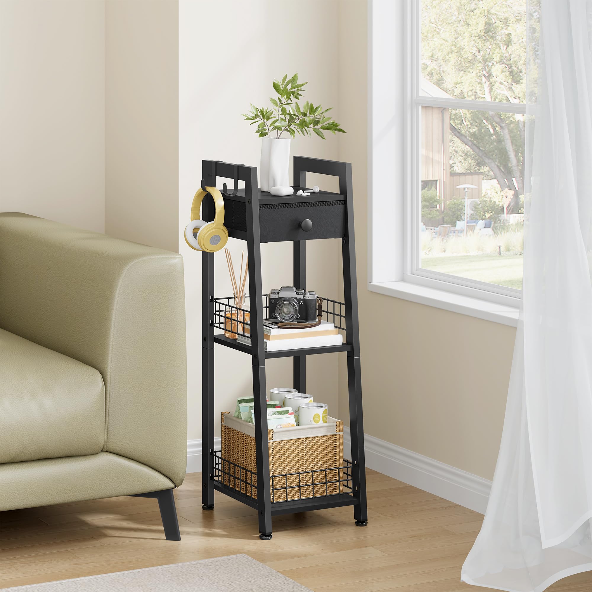 Gewudraw 3-Tier Narrow Ladder Shelf with Drawer, Bathroom Standing Shelves