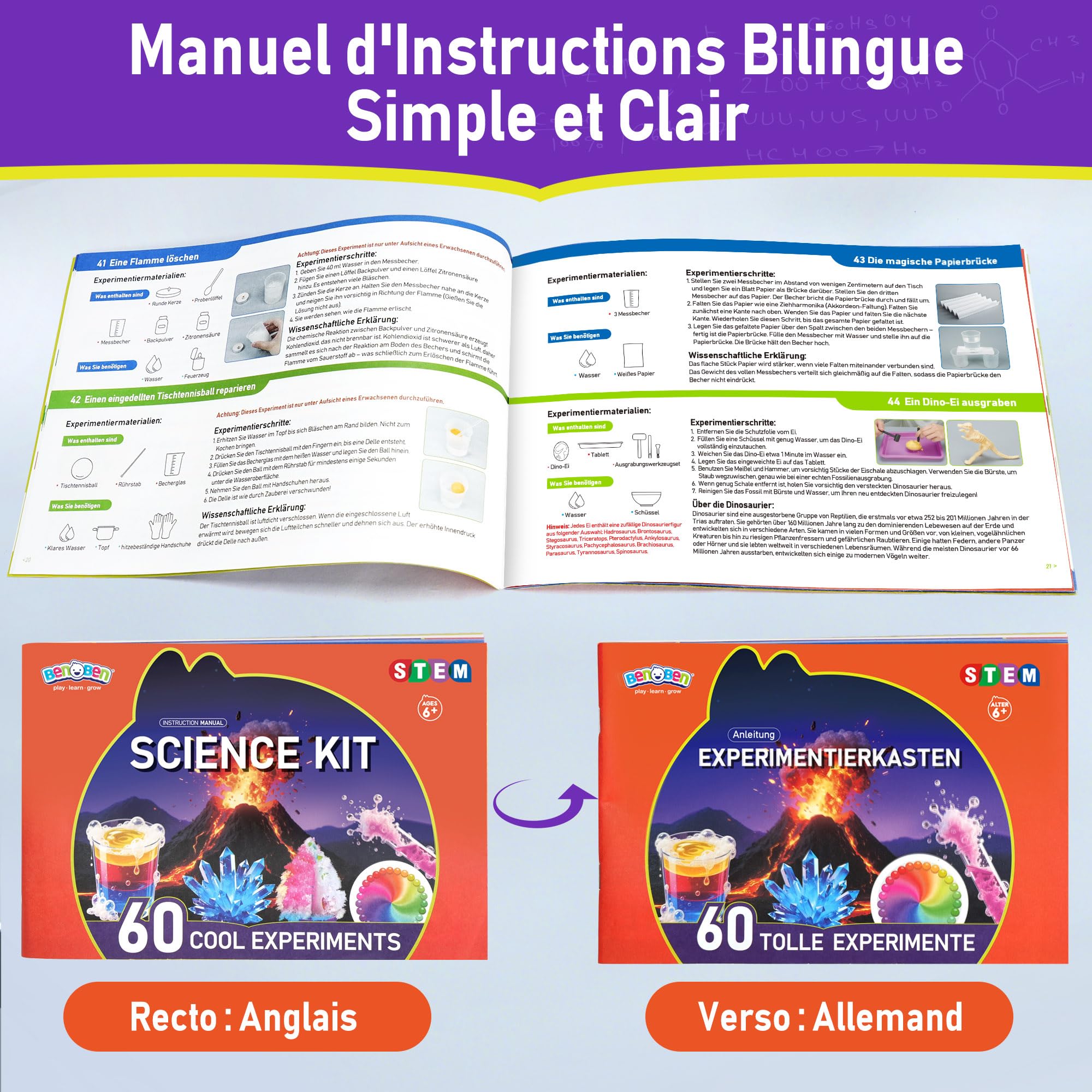 BenBen 60+ Expériences Scientifiques pour Enfants, Laboratoire de Chimie, Jeux éducatifs Cadeau pour Garçons Filles 6-10 Ans